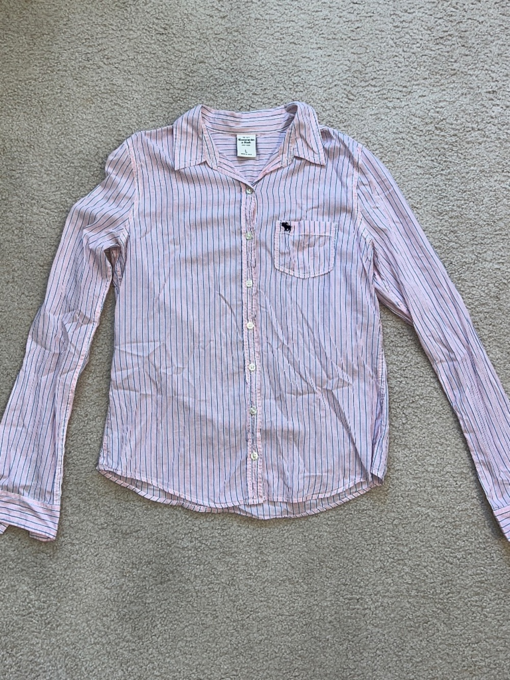 Abercrombie & Fitch Women's Button Up Shirt in Pink and Navy Pinstripe Size L